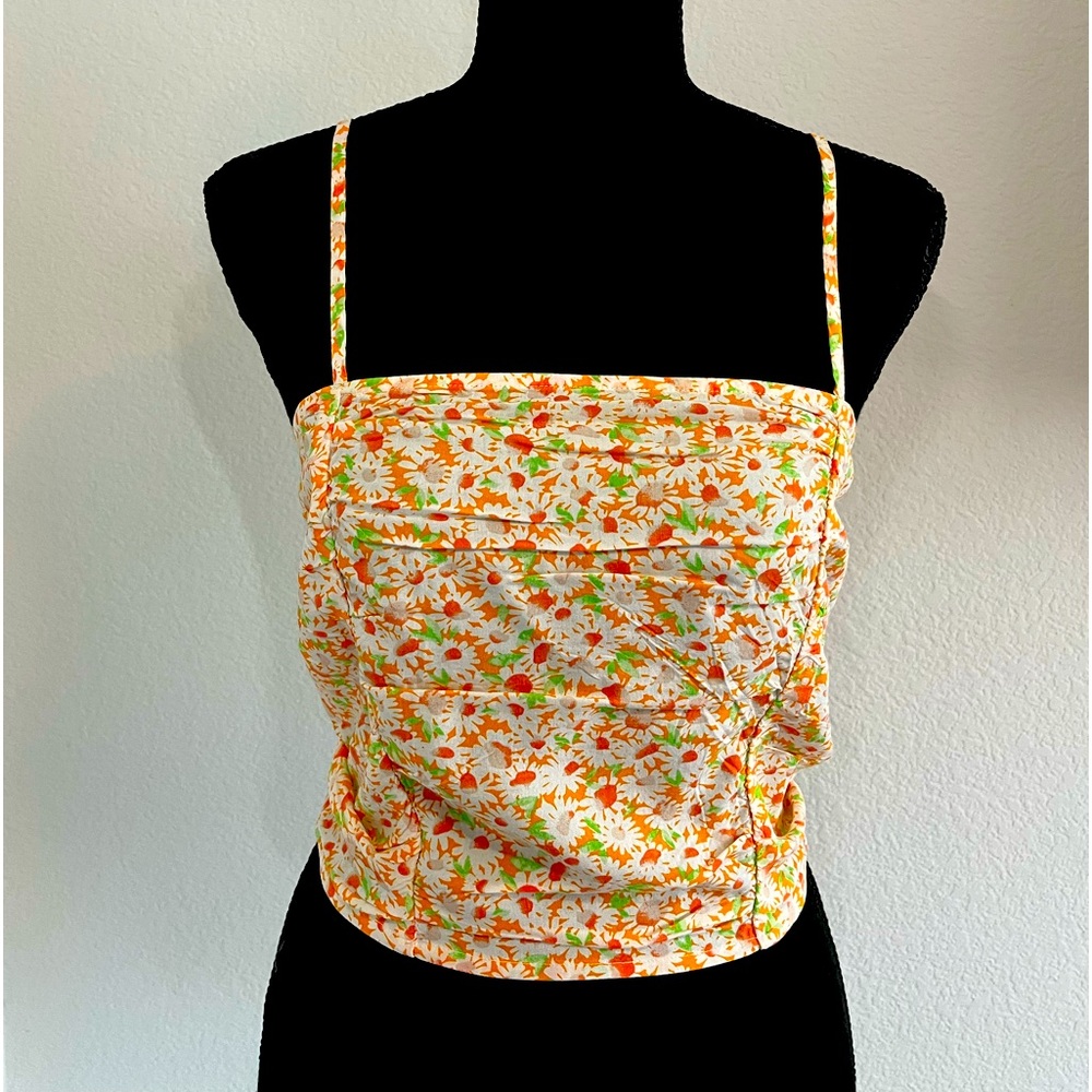 BP White and Orange Floral Spaghetti Strap Cropped Tank
